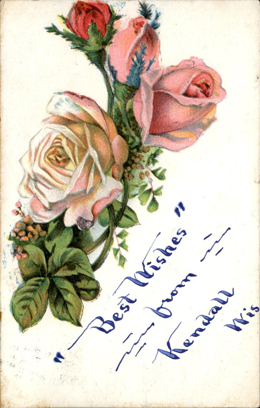 Kendall Wisconsin Rose Flower Greeting EMBOSSED c1908 Vintage Postcard