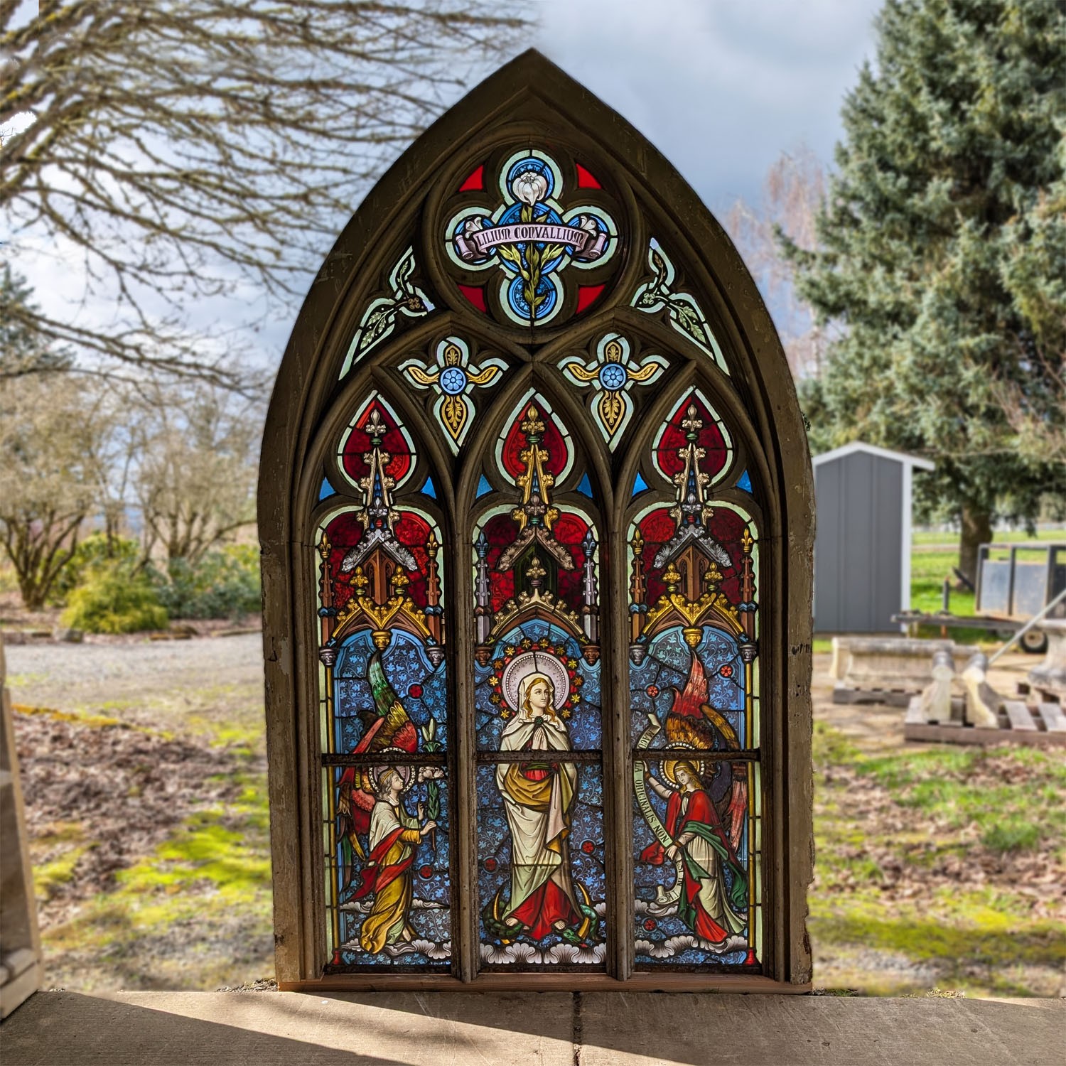 Antique Belgian Gothic Stained Glass Window Religious Mary and Angels 8' Tall