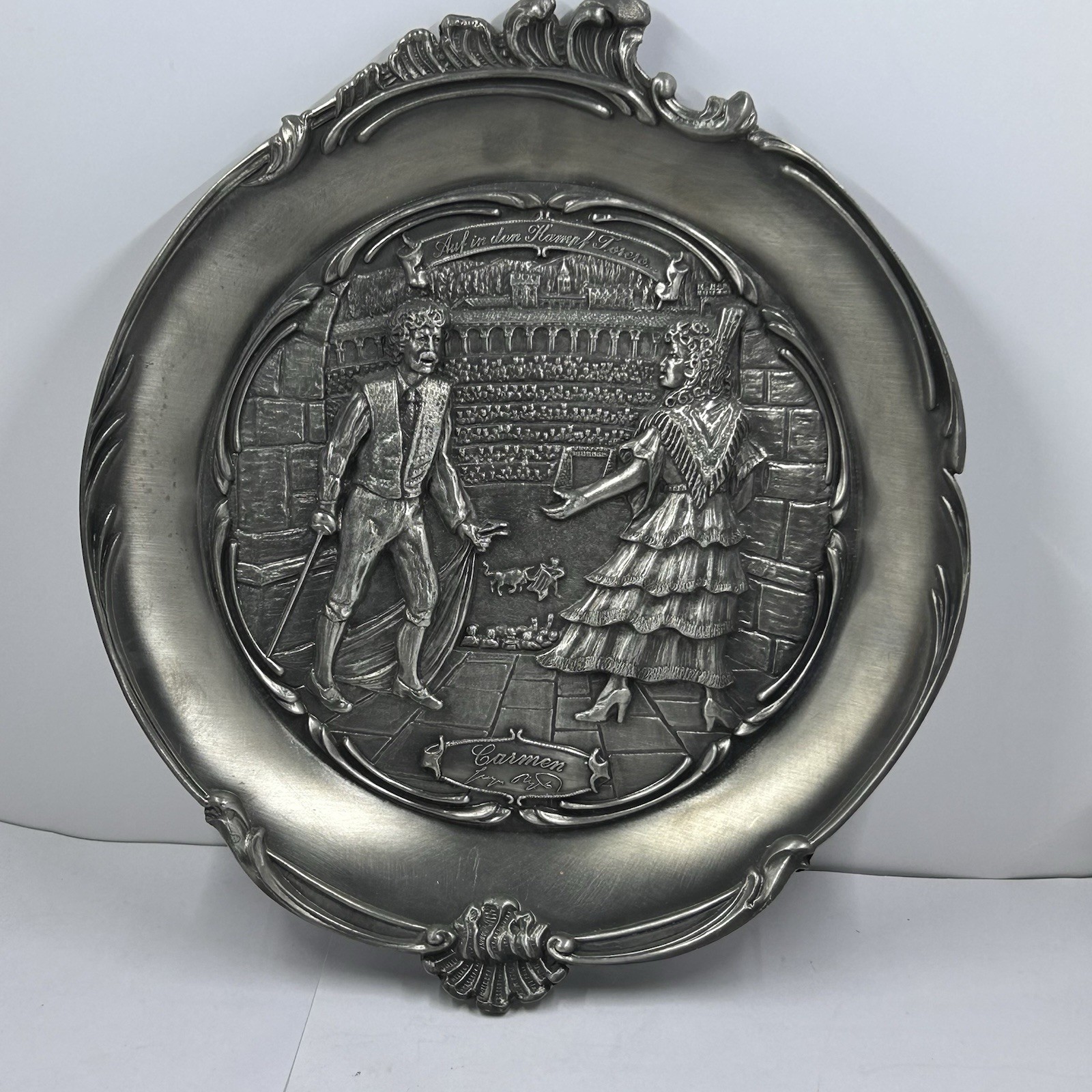 Vintage Genuine Pewter Carmen Spanish Opera Relief Cast Wall Hanging Plate 10\ Vintage Genuine Pewter Carmen Spanish Opera Relief Cast Wall Hanging Plate 10\