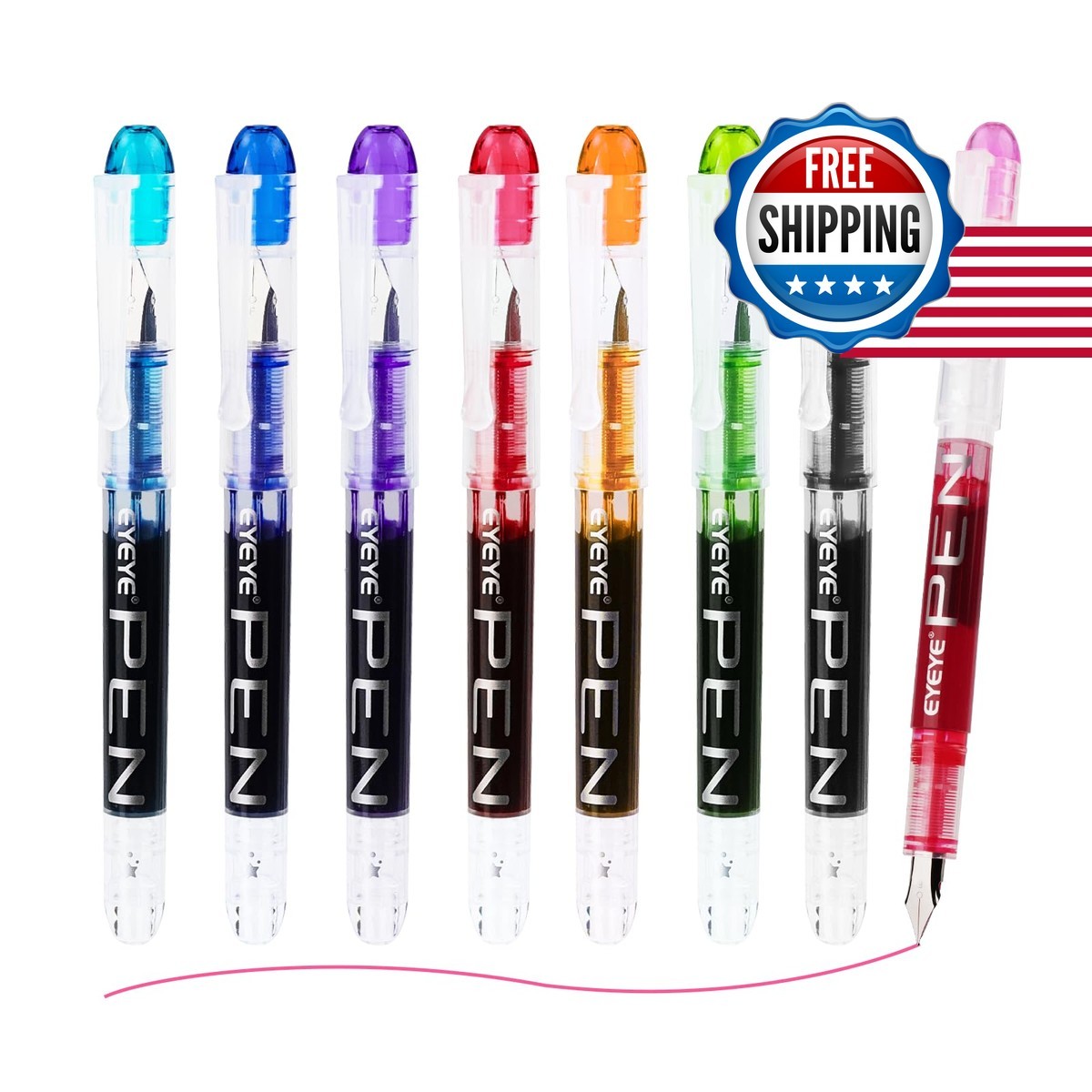 EYEYE Disposable Fountain Pens, 8 Pack Multicolor Fine Point Nib