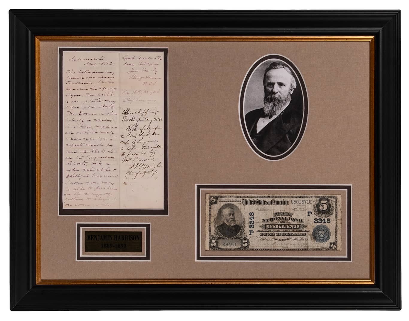 1882 Benjamin Harrison Signed Letter $5 National Currency Display Beckett LOA