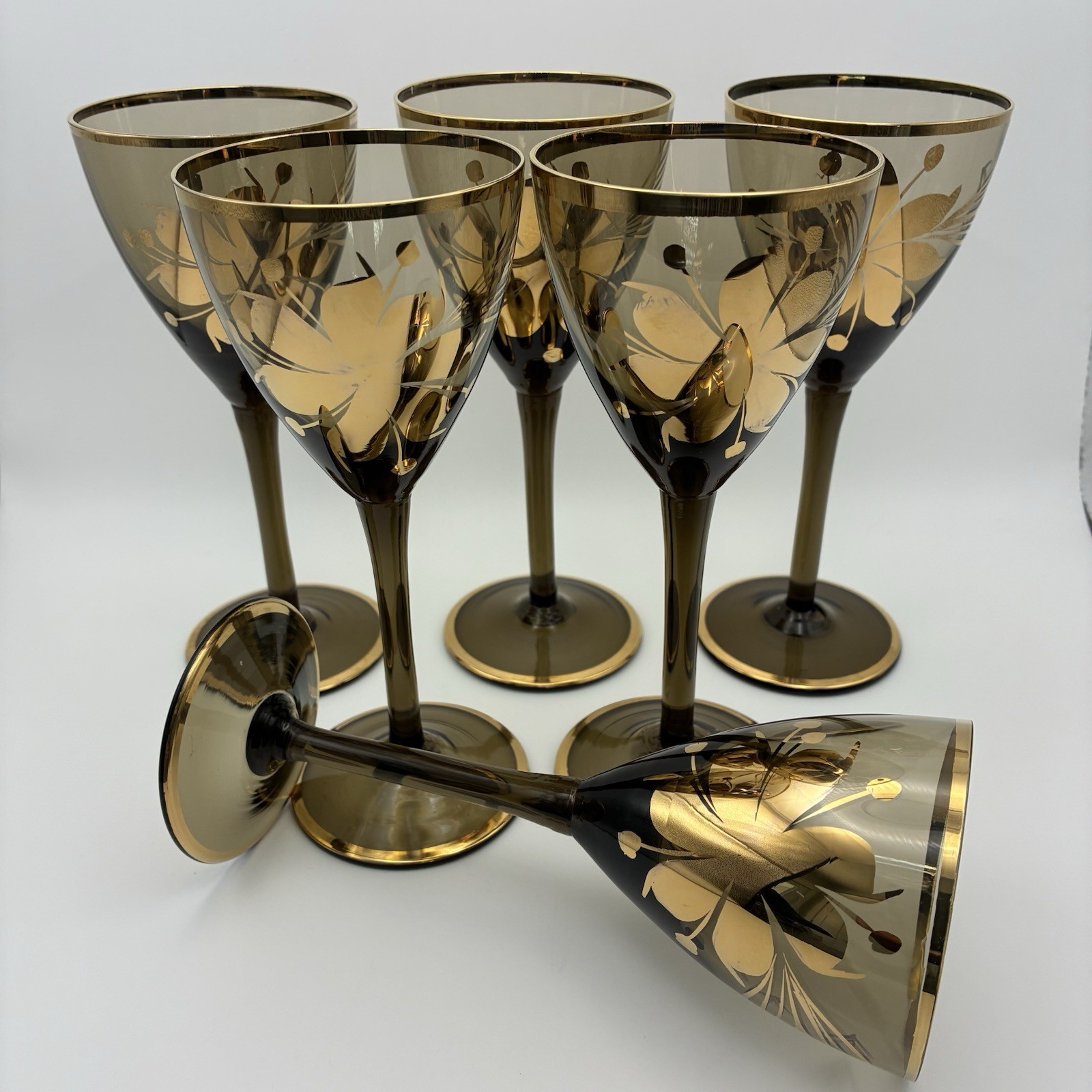 Hungarian Wine Glasses VTG Hand Blown Floral 22k Gold Embellished Set Of 6, 6.5”