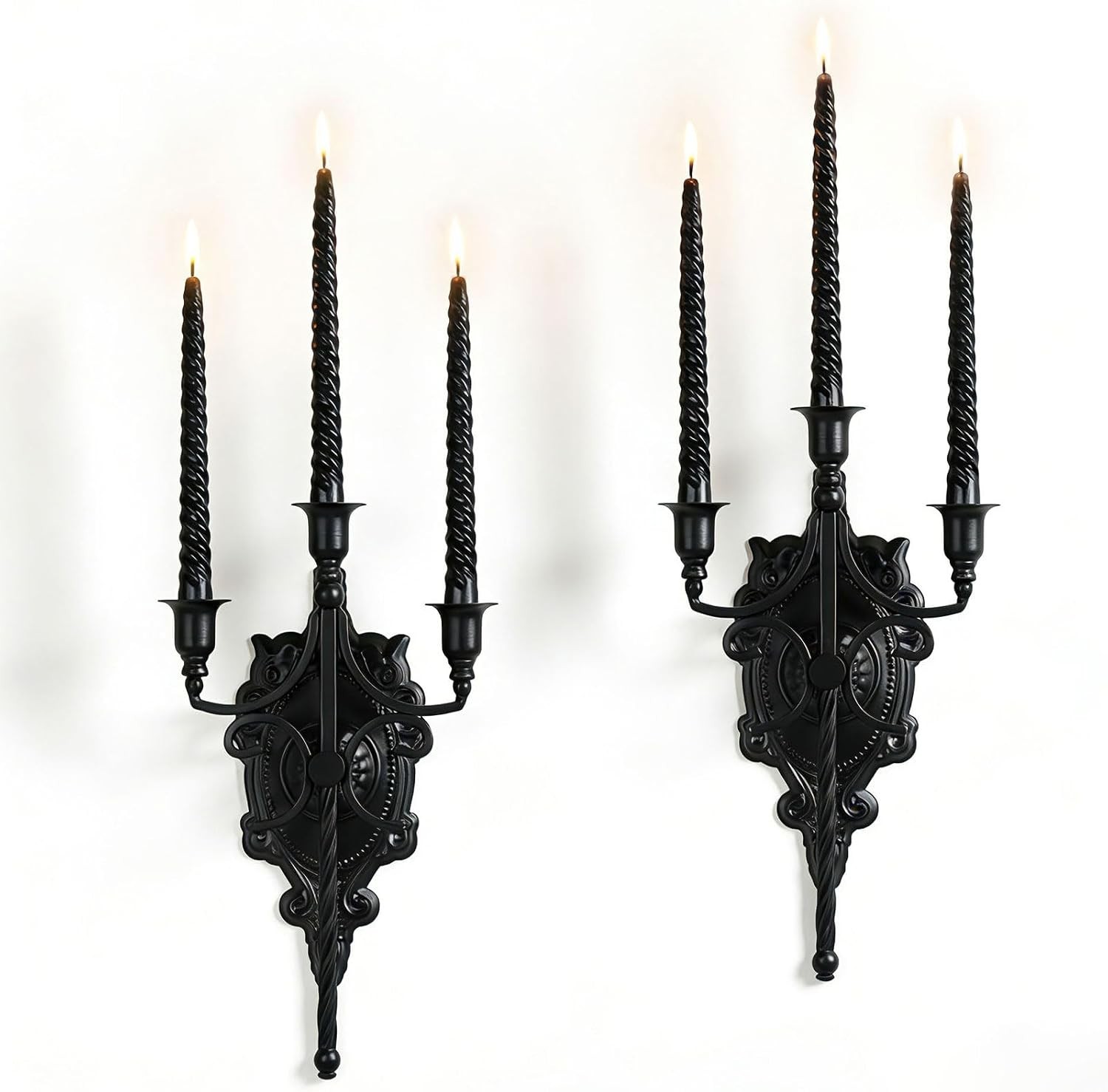 3-Arm Gothic Wall Sconce Set of Two, Victorian Metal Candle Holder for Taper Can