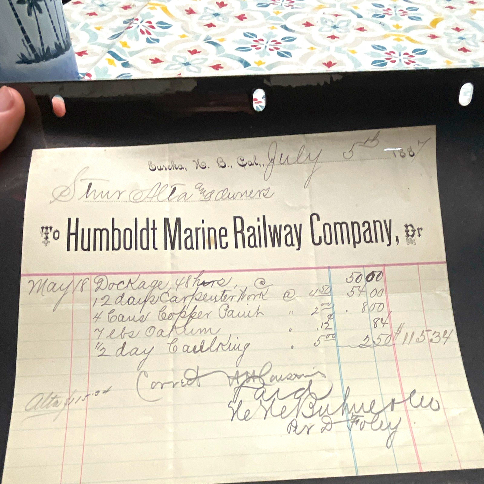 Humboldt Marine Railway Company Document/Letter Handwritten Note Eureka CA 1887