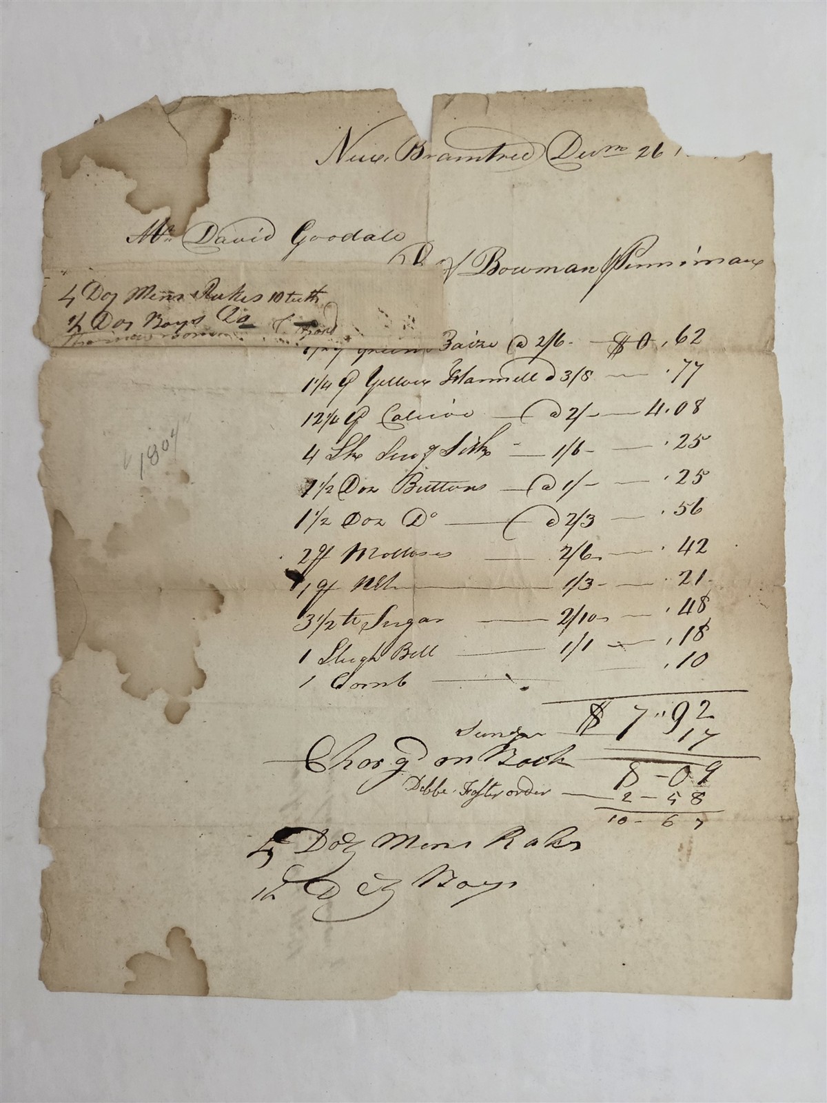 1804 antique BOWMAN & PENROSE new braintree ma TEXTILES SUGAR BILL DAVID GOODALE
