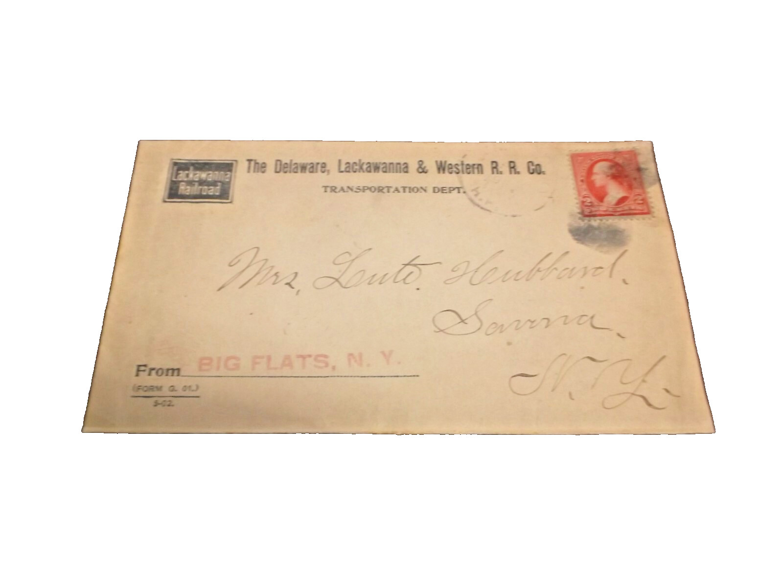 1902 LACKAWANNA RAILROAD DL&W USED COMPANY ENVELOPE BIG FLATS NEW YORK B