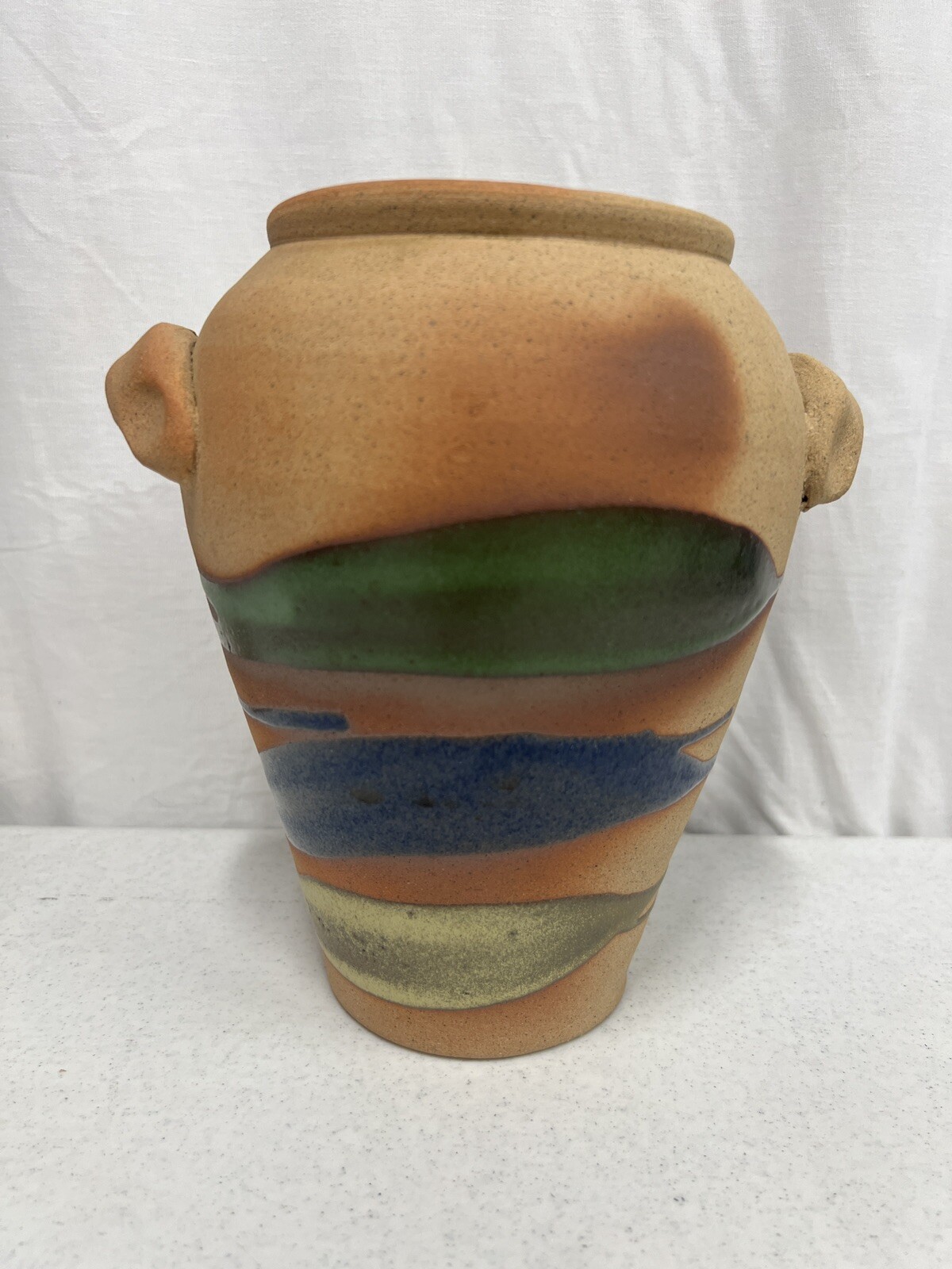 Vintage Stoneware Pottery Handled Vase, Rustic Glazed 8.25