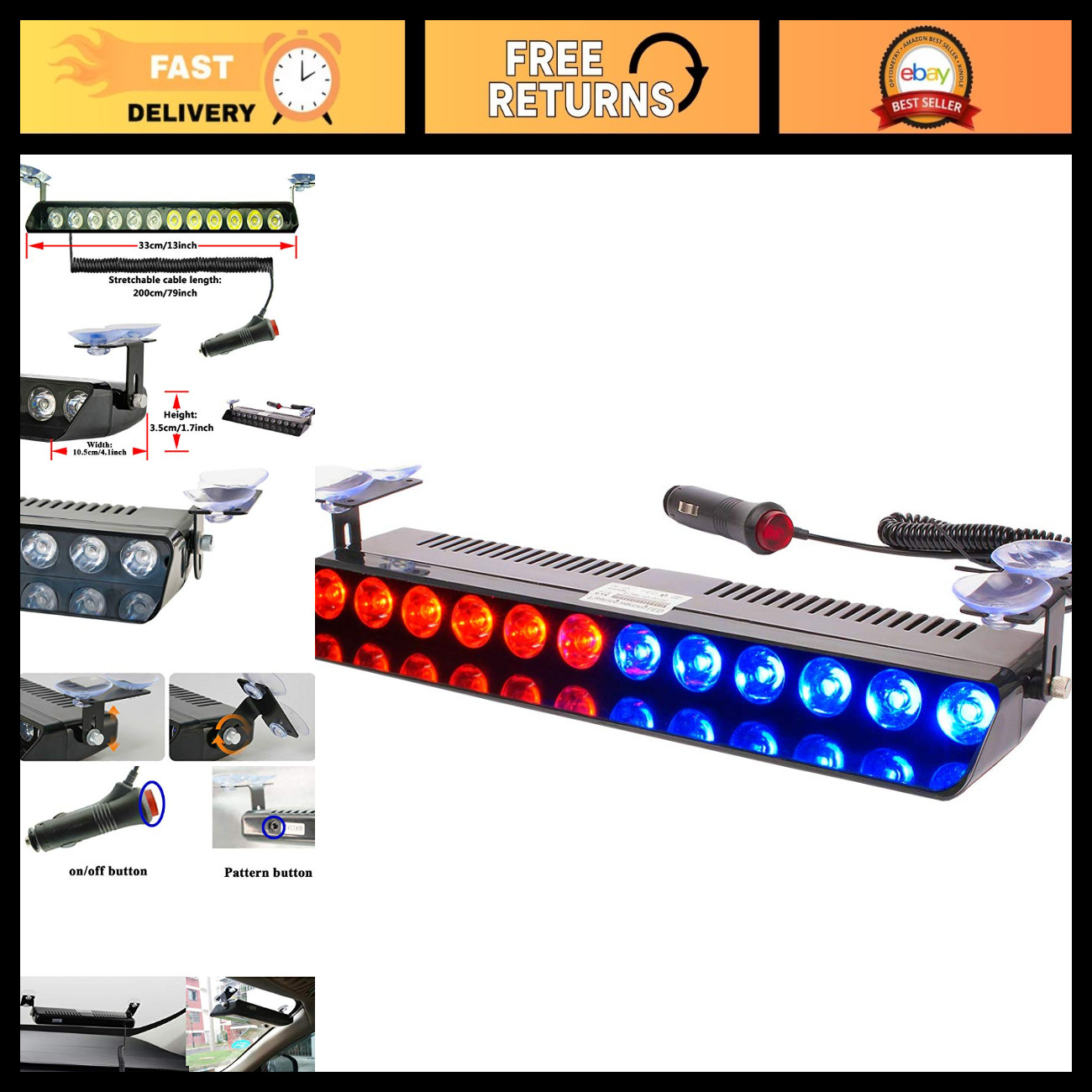 Red Blue 12-LED Led Strobe Flash Light Emergency Warning Lamp 12V for Car