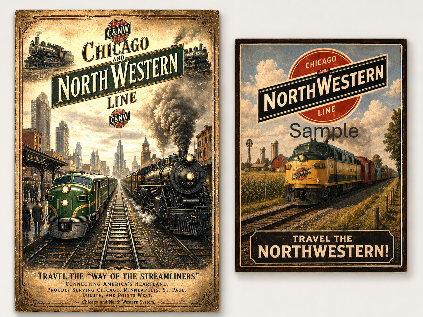 Chicago North Western Railroad 2 Poster Set C&NW Train Art Prints 11 x 17