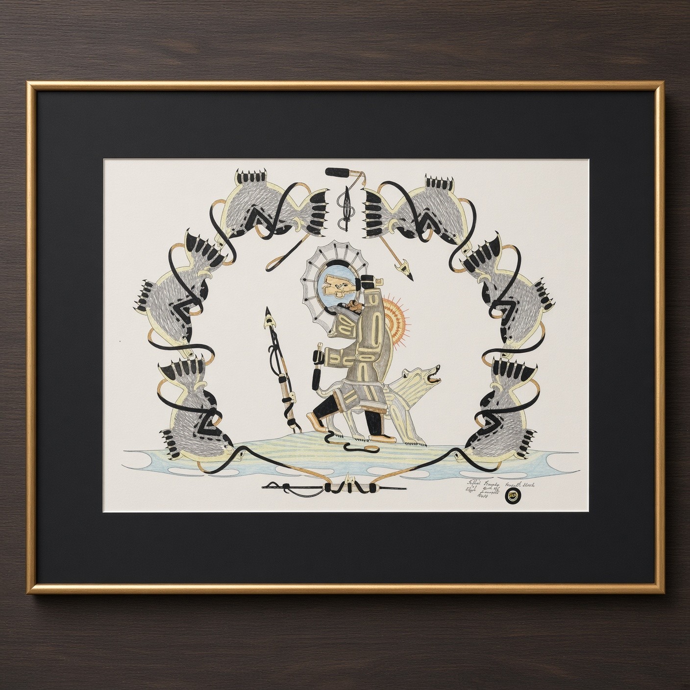 Peter Ragee 2011 Original Cape Dorset Drawing - Inuit Hunter & Dog, Framed