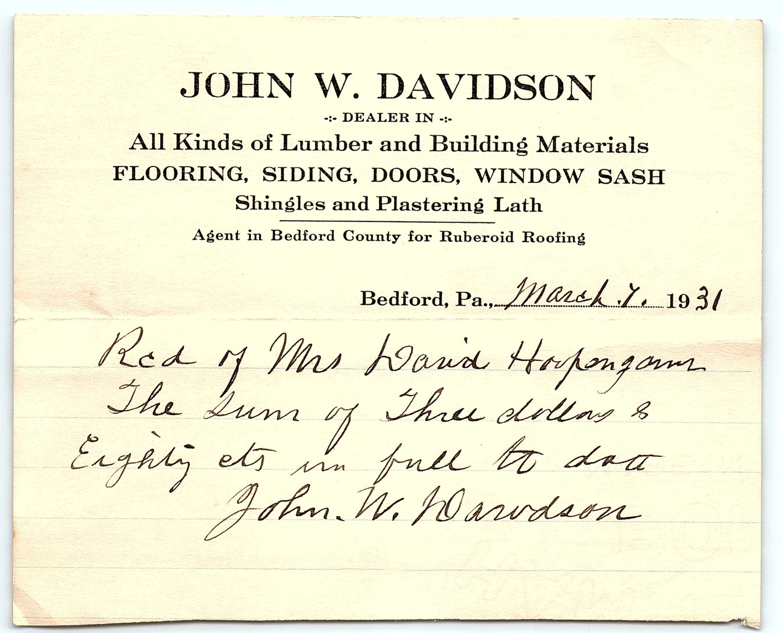 1931 John W. Davidson Lumber Co. Bedford PA Receipt