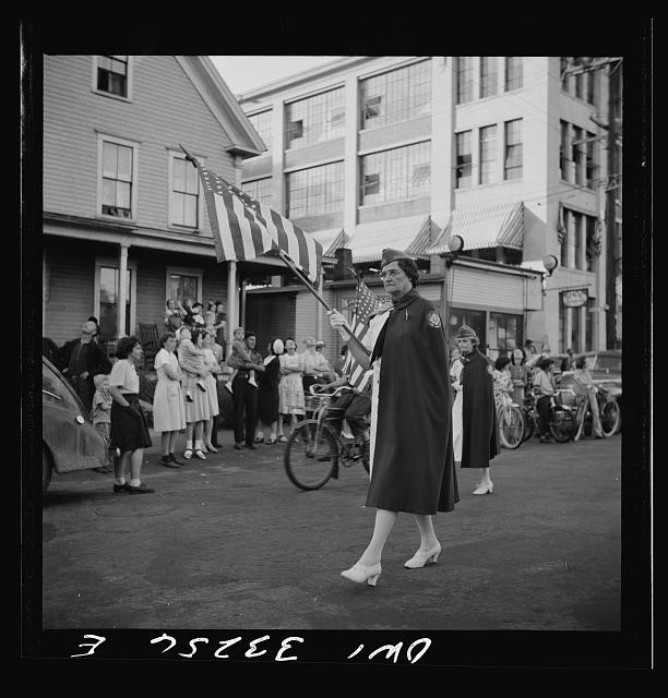 Photo:Unknown City 1930s Woman Parade American Flag Cloak Bicycles