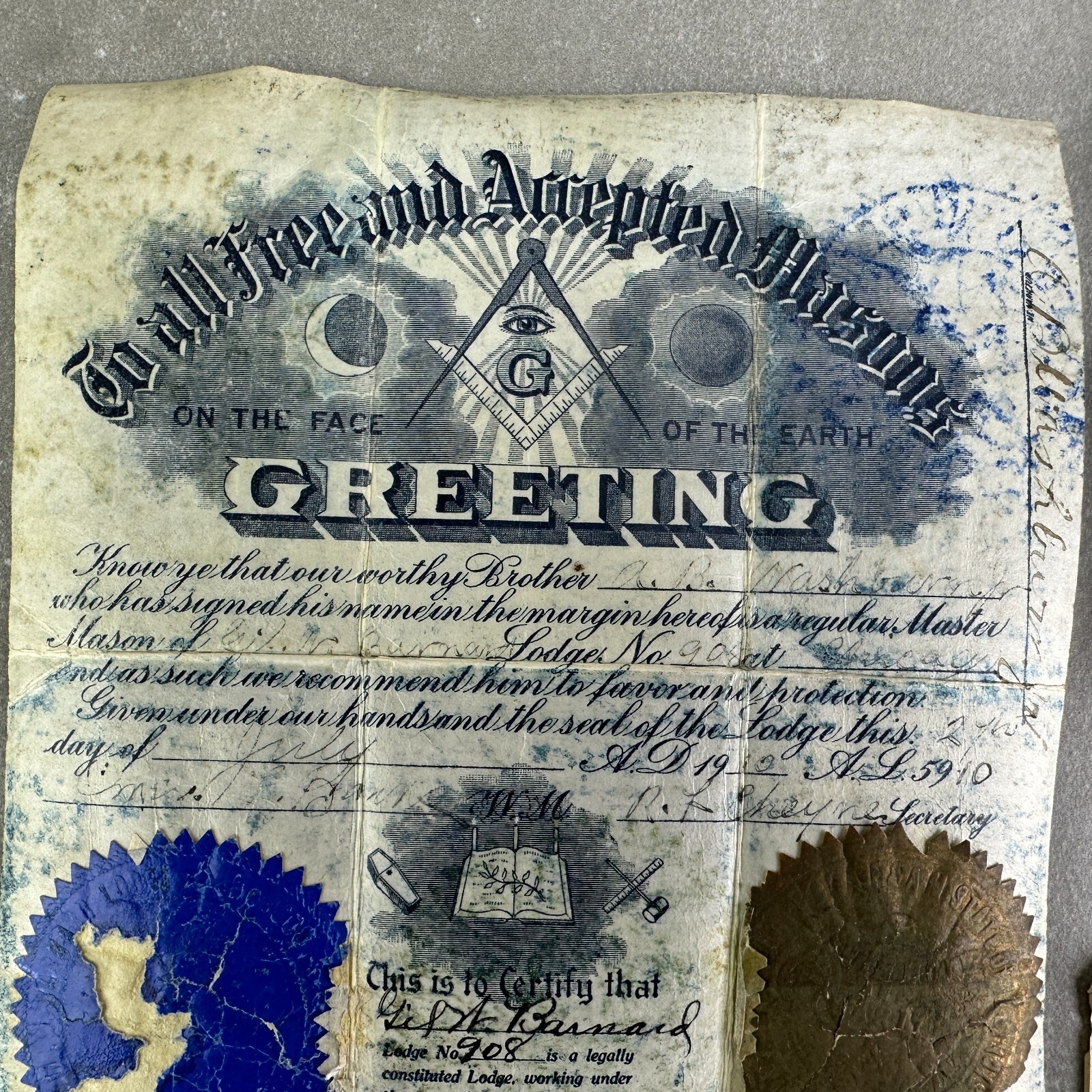 Antique 1900s A.B. Washburn Masonic Greeting Certificate Note & Apron Historical