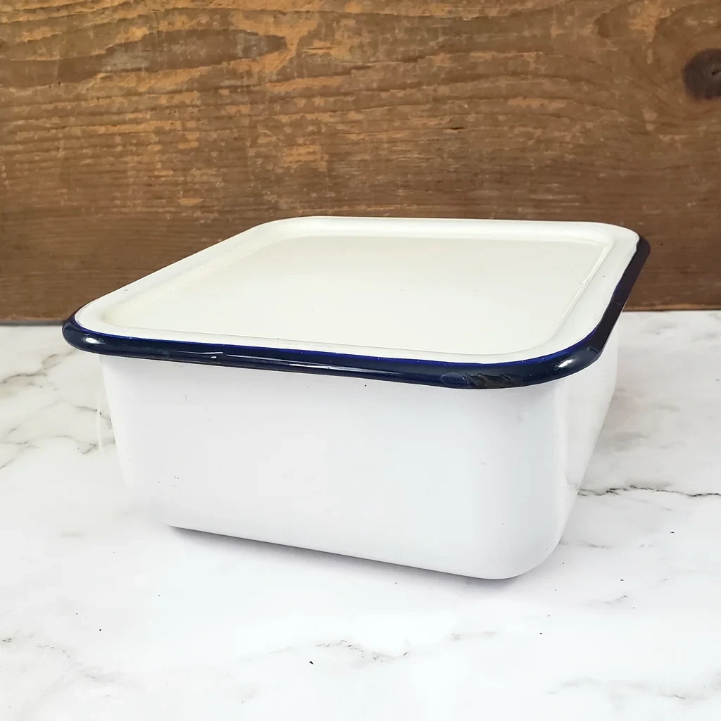 Vintage White Enamelware Square Storage Container Refrigerator Box Blue Trim Lid