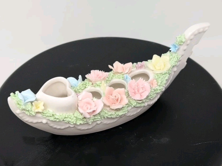 Vtg. Ardalt Gondola Lipstick Holder Porcelain 3D Flowers Spaghetti Trim 