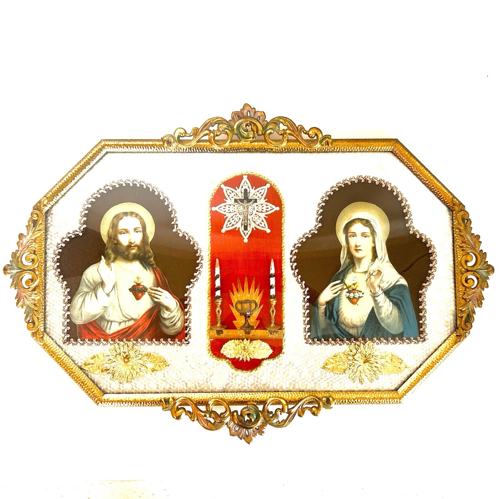 Vtg Art Nouveau Brass Oval Convex Bubble Glass Picture Frame w Religious Decor Vtg Art Nouveau Brass Oval Convex Bubble Glass Picture Frame w Religious Decor