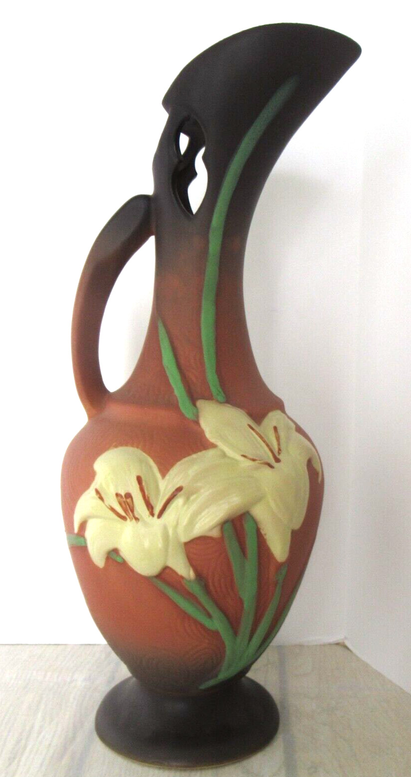 Roseville Pottery Ewer Pitcher Zephyr Lily Brown 24-15 USA 16\