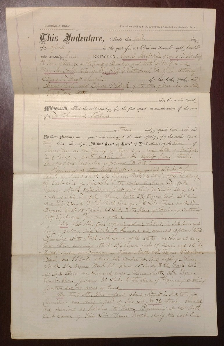 1845 Warrenty Deed Camillus Ny Amos & Elmer Clark