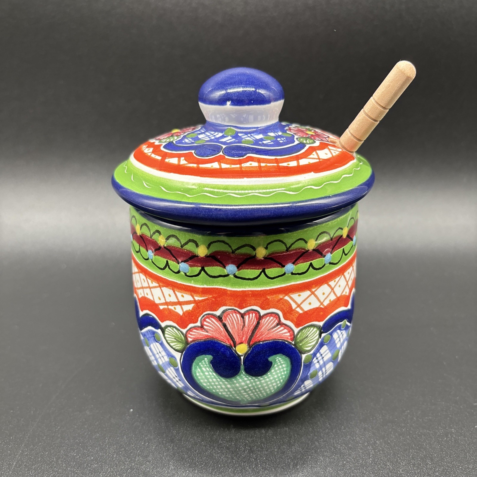 Arte Cruz Talavera Mexican Pottery Honey Pot W/ Wood Dipper Mielera 5.5\ Arte Cruz Talavera Mexican Pottery Honey Pot W/ Wood Dipper Mielera 5.5\