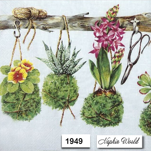 (1949) TWO Individual Paper LUNCHEON Decoupage Napkins HANGING PLANTS MOSS BALLS