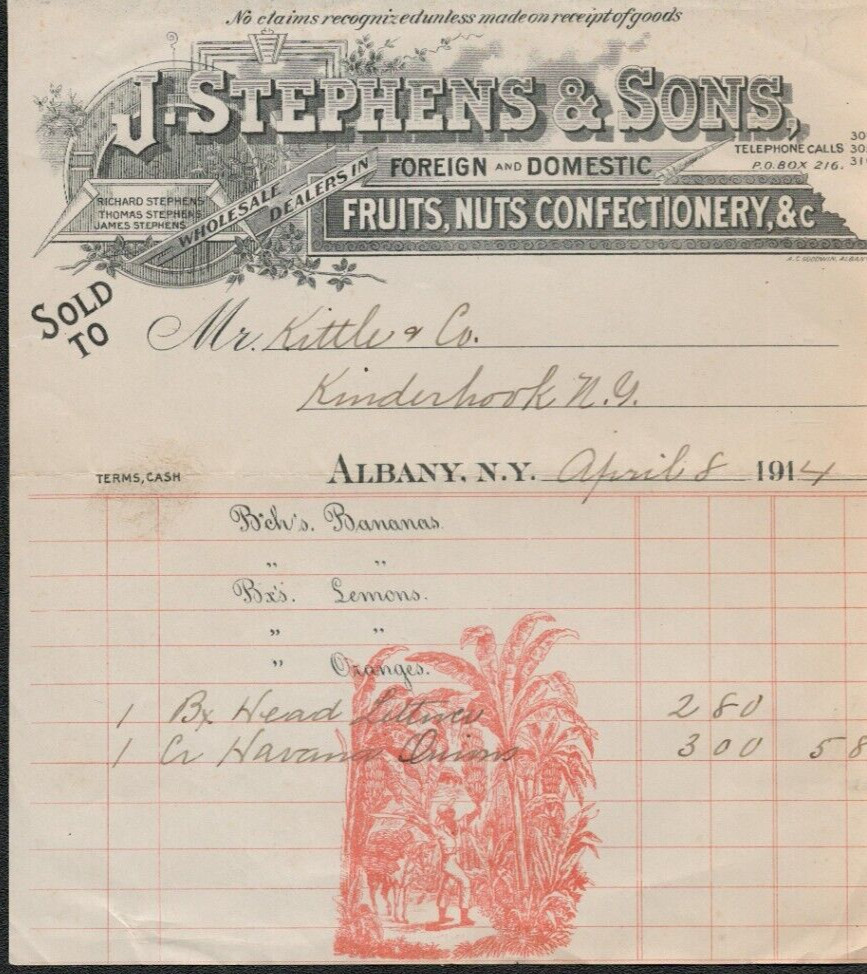 1914 Bill Head J Stevens & Foreign and Domestic Fruits Nuts Confectio Letterhead