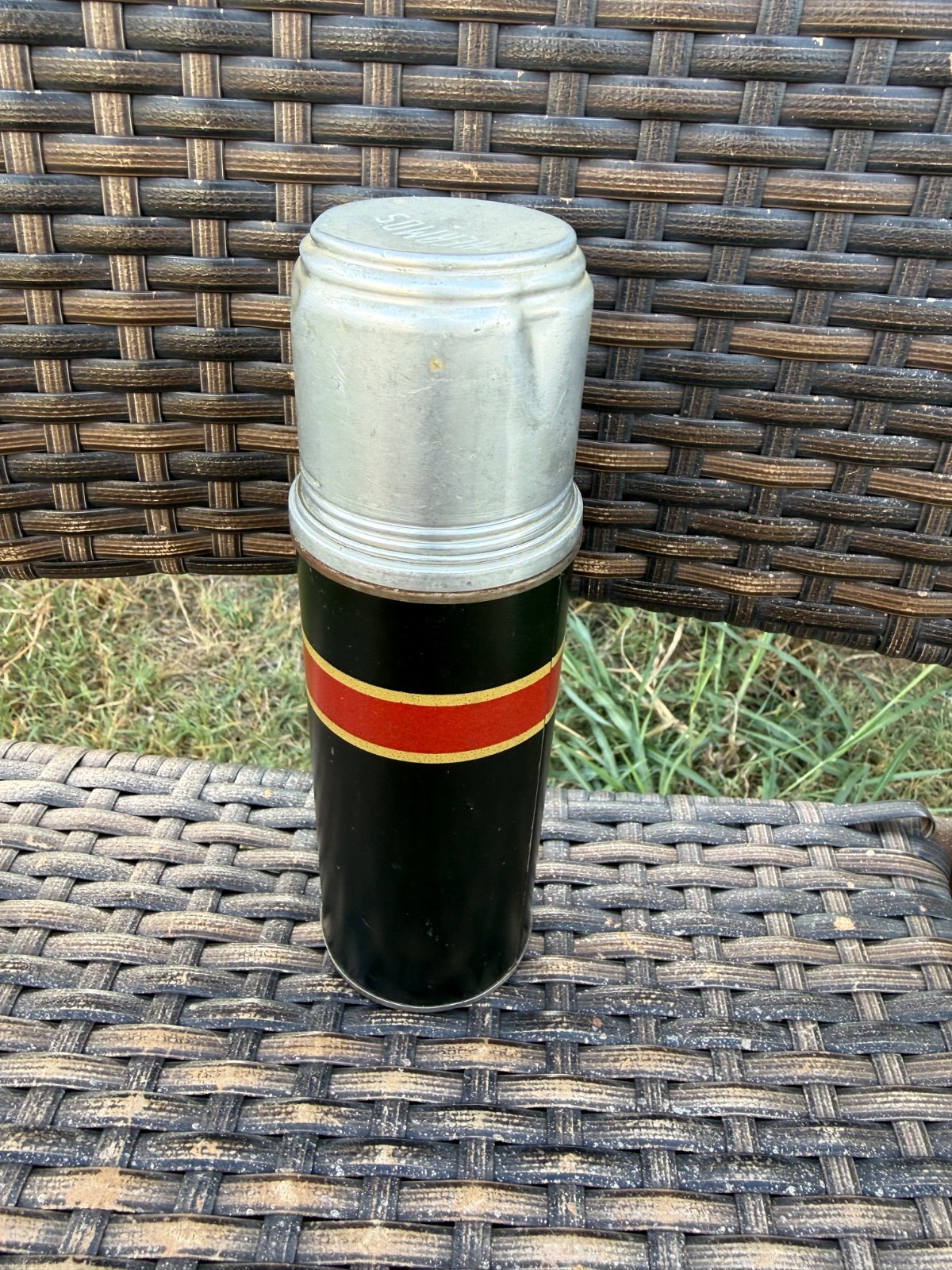 Vintage American Thermos Bottle Co. Black & Red With Cork And Aluminum Lid Vintage American Thermos Bottle Co. Black & Red With Cork And Aluminum Lid