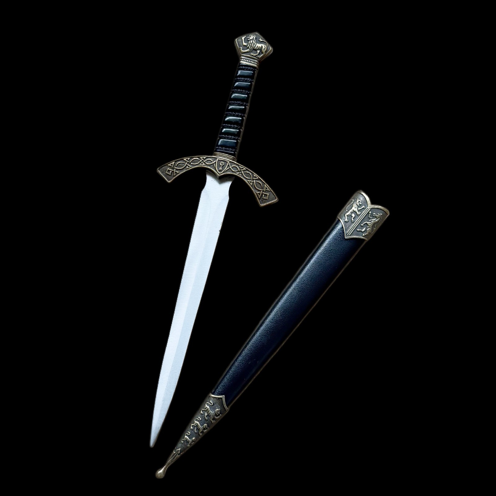 Black vintage European sword with a lion motif at the top of the black hilt Black vintage European sword with a lion motif at the top of the black hilt