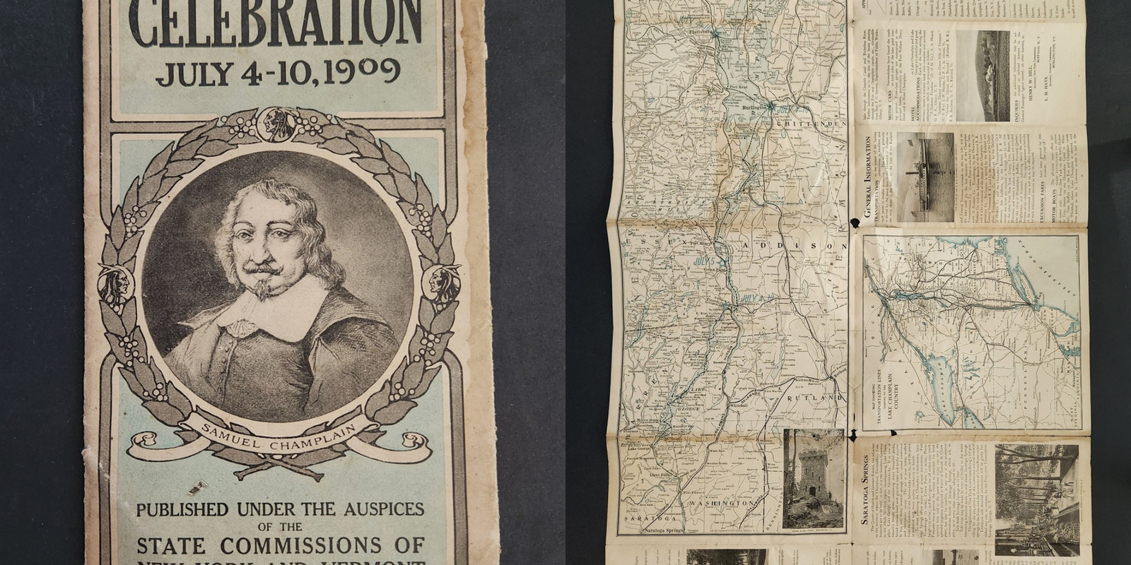 1909 antique CHAMPLAIN TERCENTENARY CELEBRATION souvenir MAP INFORMATION PHOTOS