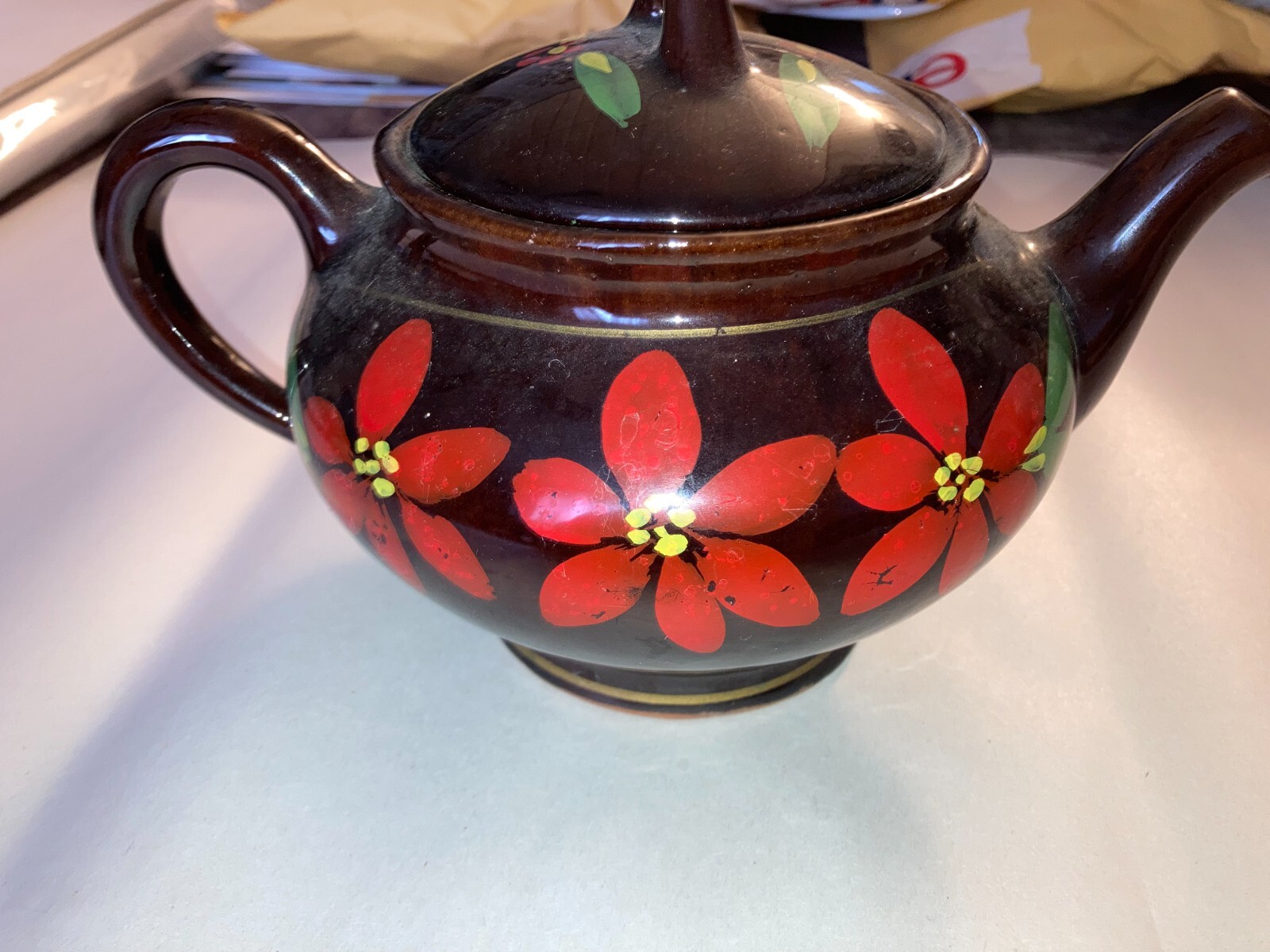 Hamilton - Royal Canadian Art Pottery, Brown Teapot with Red Flowers