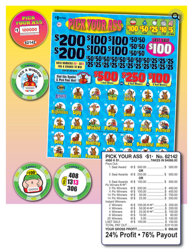 Pull Tab Tickets - Chip - Game - Pick your Ass - 4,068 ct Pull Tab Tickets - Chip - Game - Pick your Ass - 4,068 ct