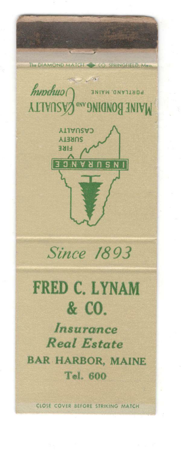 Fred C. Lynam Insurance Real Estate Bar Harbor Maine Vintage Matchbook Cover JM3