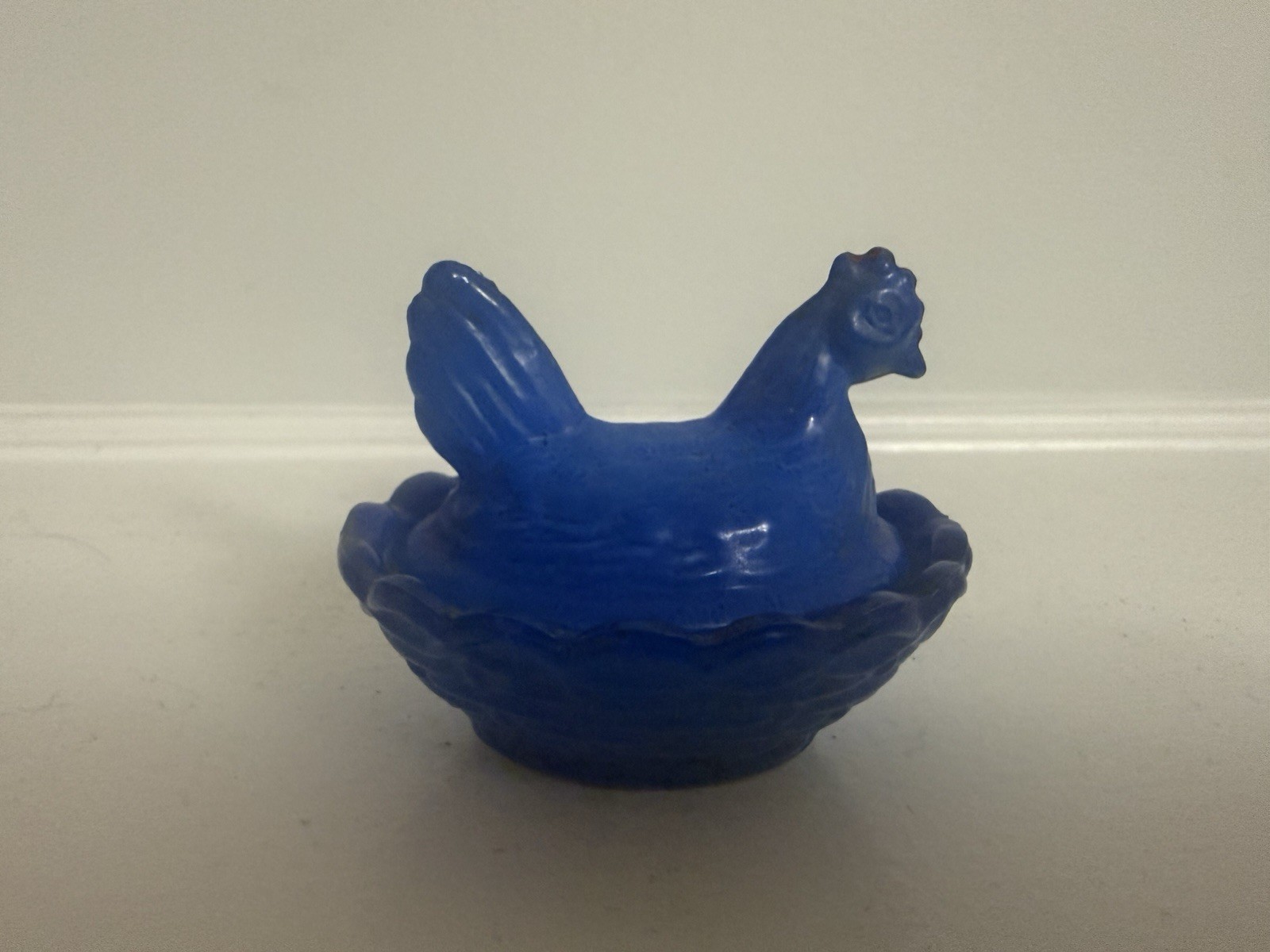 Vintage Blue Milk Glass Opaline Hen on Nest Miniature Salt Cellar 
