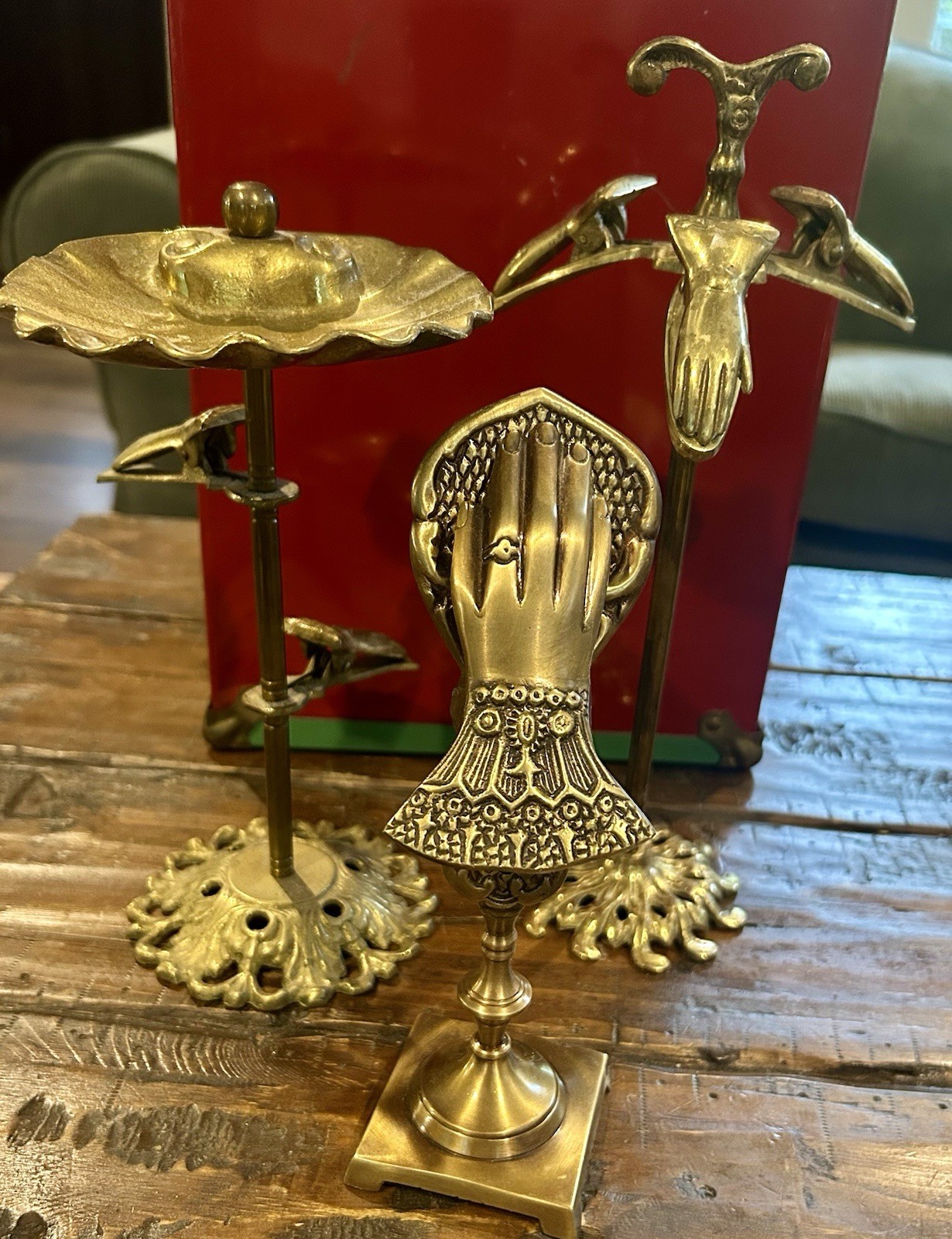 THREE VTG Brass Hand Clip Stand…Glove, Letter, Picture Holder 8”, 9”, 11”