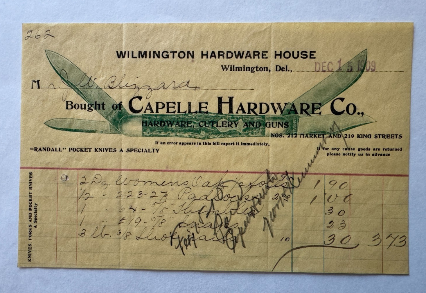 Vintage 1909 Billhead Wilmington DE Capelle Hardware 212 Market St Cutlery Guns