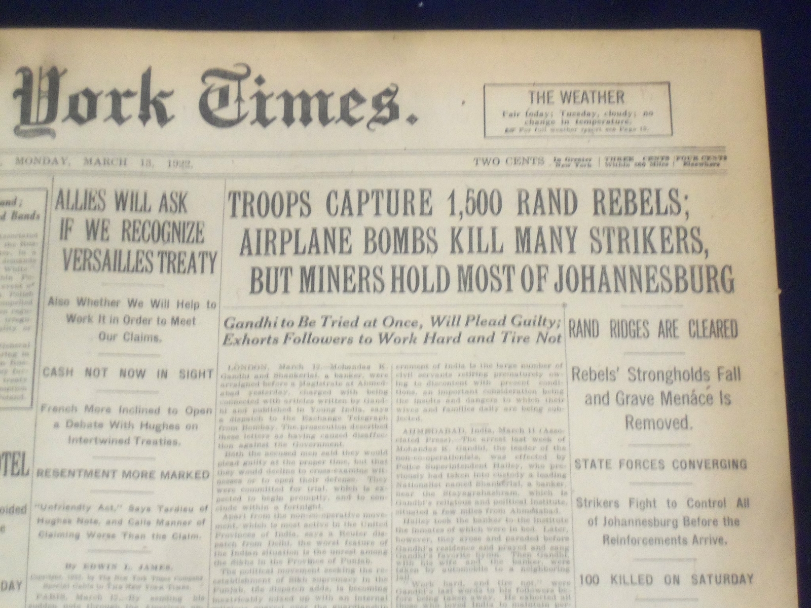 1922 MARCH 13 NEW YORK TIMES - TROOPS CAPTURE 1500 RAND REBELS - NT 8314