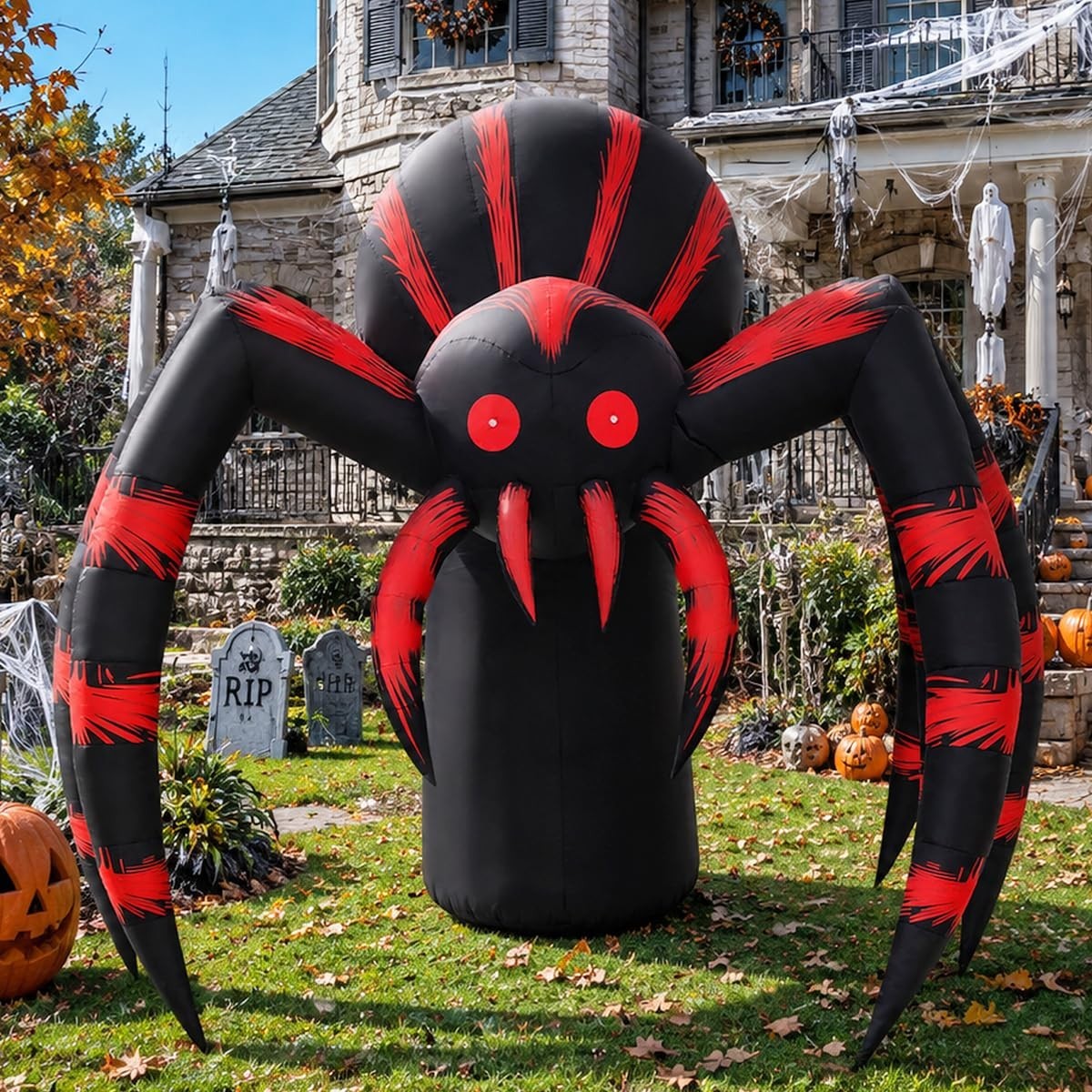 7FT Halloween Inflatable Red Stripe Spider Yard Decoration with LED Lights