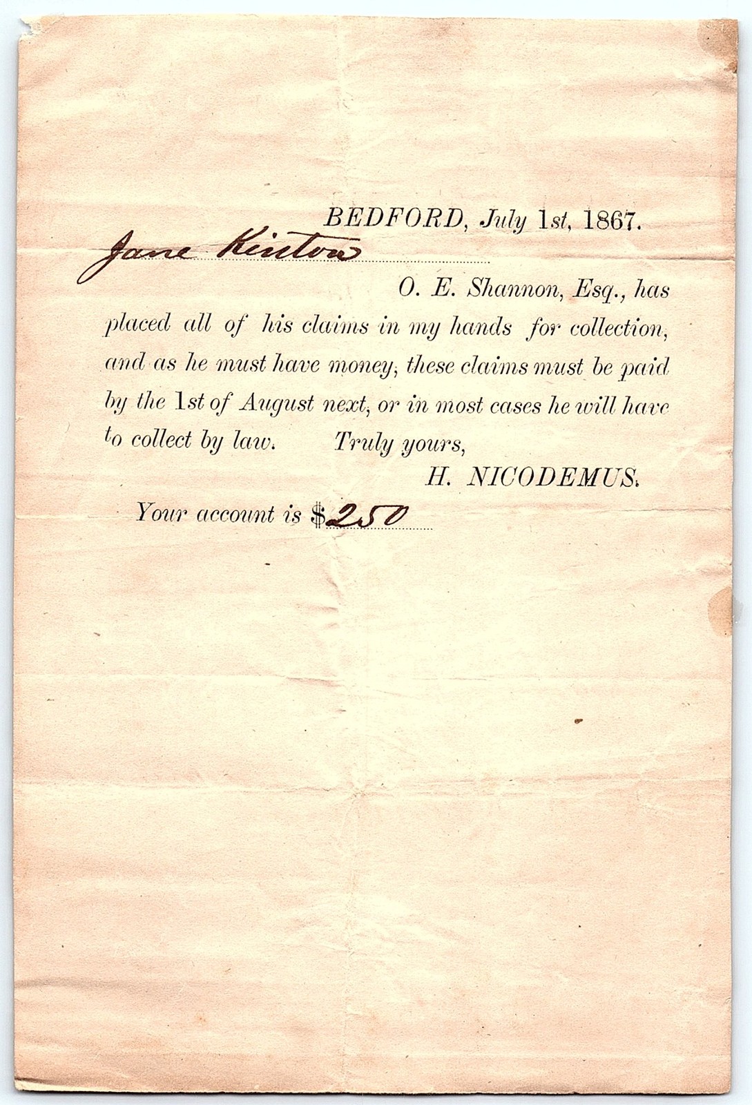Vintage 1867 Bedford Debt Collection Letter Bill for $250