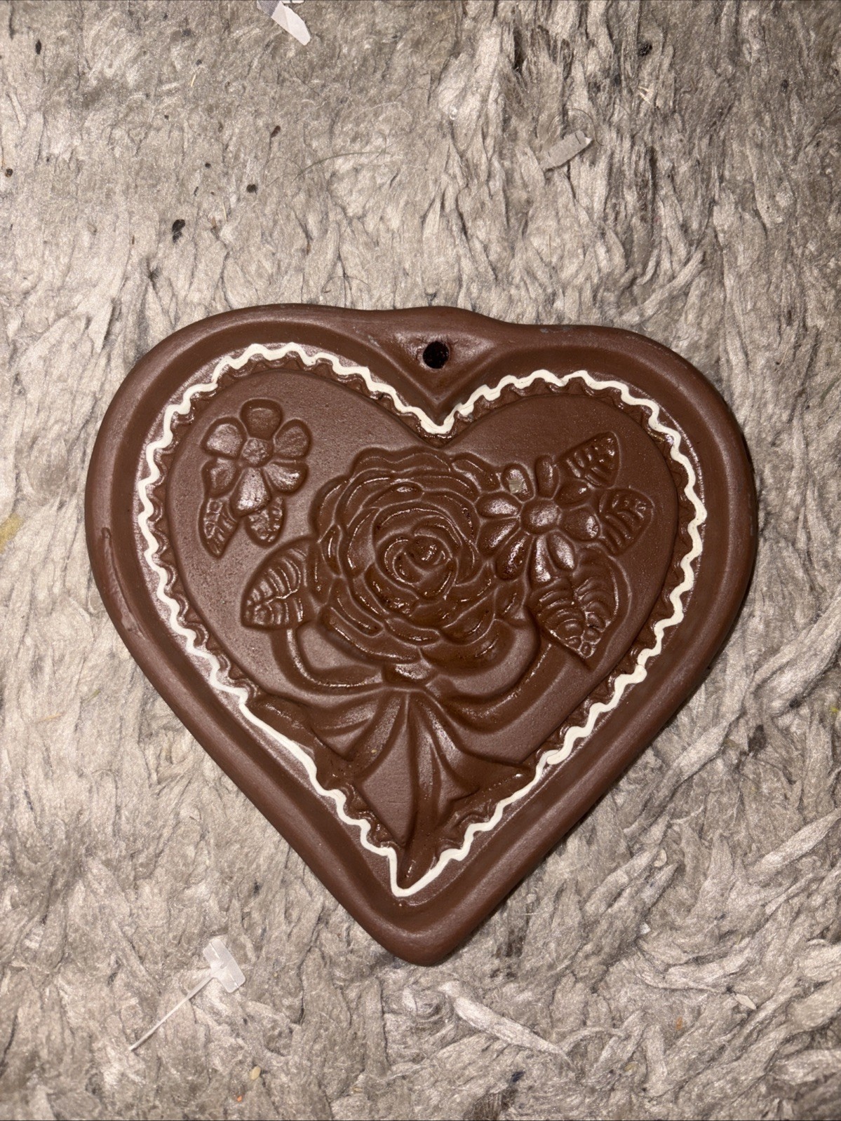 Vintage Cookie Mold Hartstone Stoneware Heart Shape w/ Flowers 5”