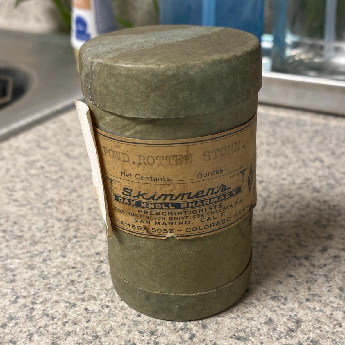 Vintage Powdered Rotten Stone Canister Skinner's Oak Knoll Pharmacy Decor