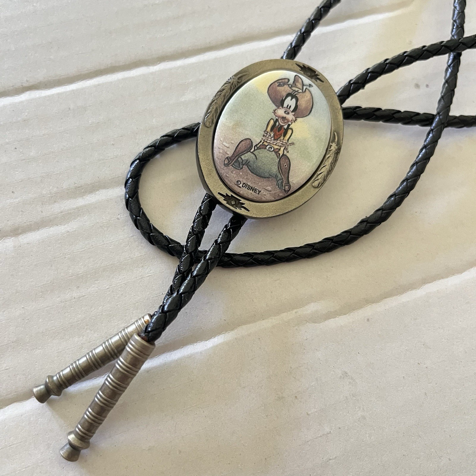Vintage Disney cowboy Goofy leather porcelain bolo tie