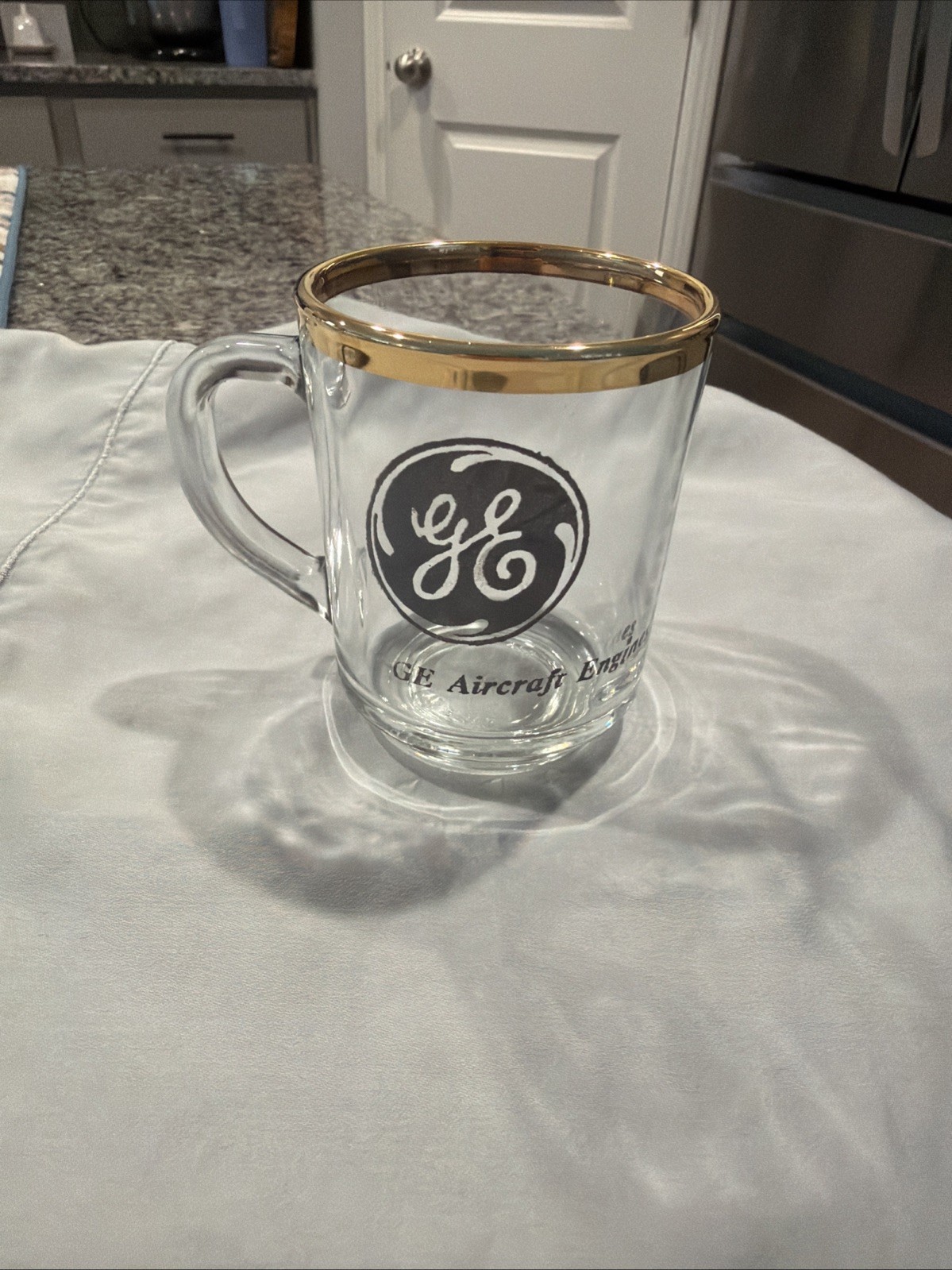 Vtg GE Logo Mug Clear Glass With Gold Rim General Electric Aircraft Engines Prop