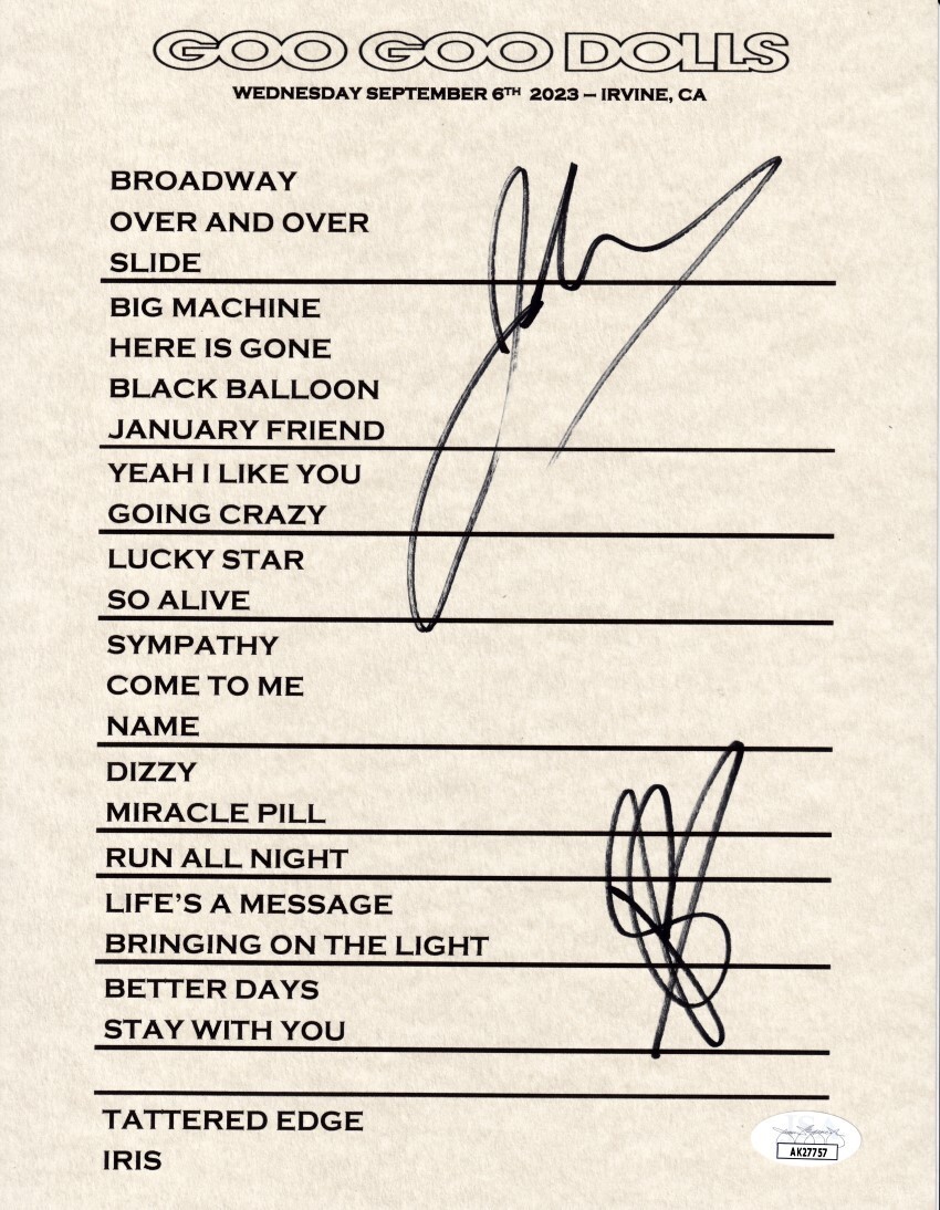 John Rzeznik Robby Tatac autograph signed Goo Goo Dolls 2023 concert setlist JSA