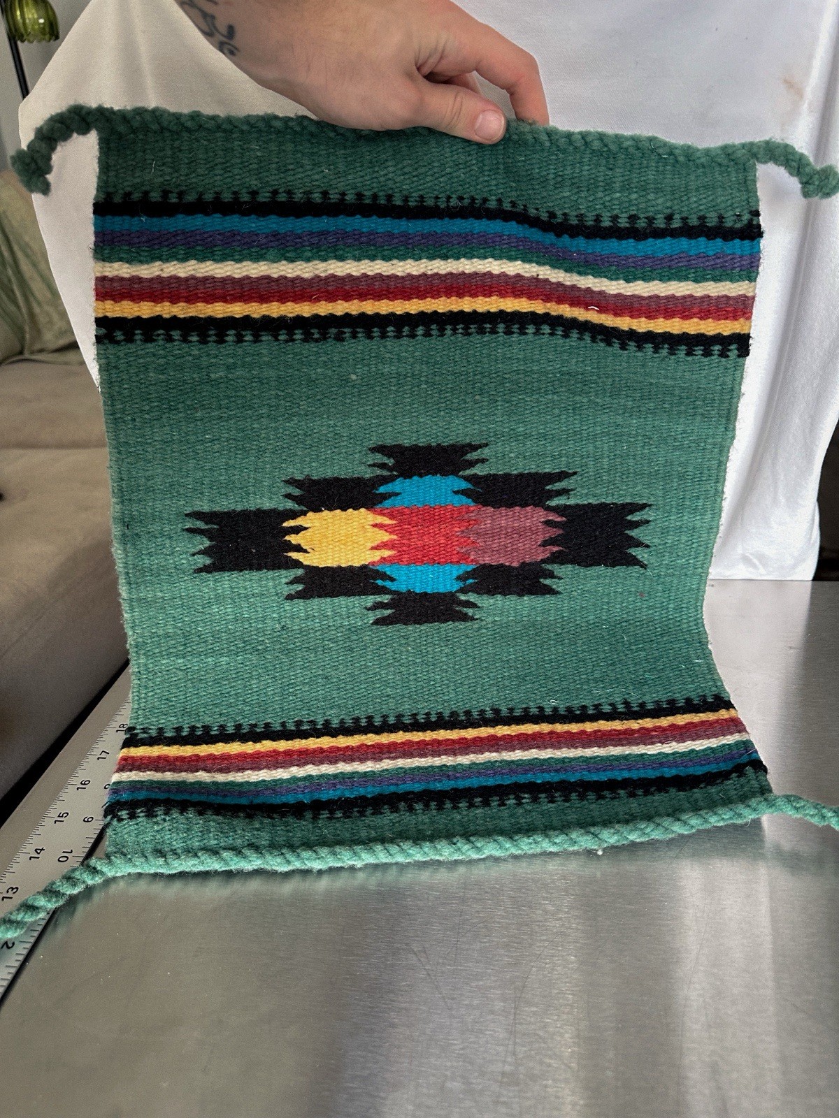 Vintage Southwestern Woven Wool Rug Green Native American Textile Decor 16x20