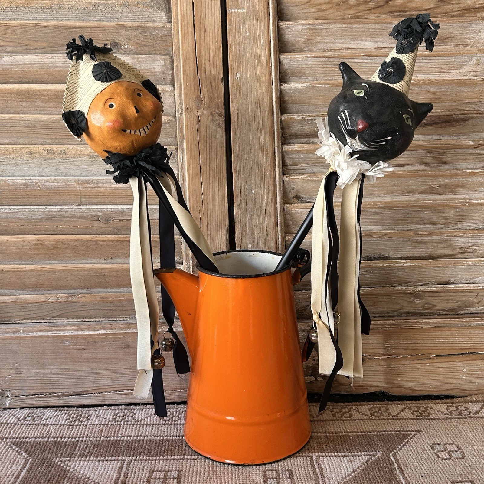 RARE Nicol Sayre Midwest Halloween Wands SET 2 Pumpkin Black Cat Paper Mache Vtg RARE Nicol Sayre Midwest Halloween Wands SET 2 Pumpkin Black Cat Paper Mache Vtg