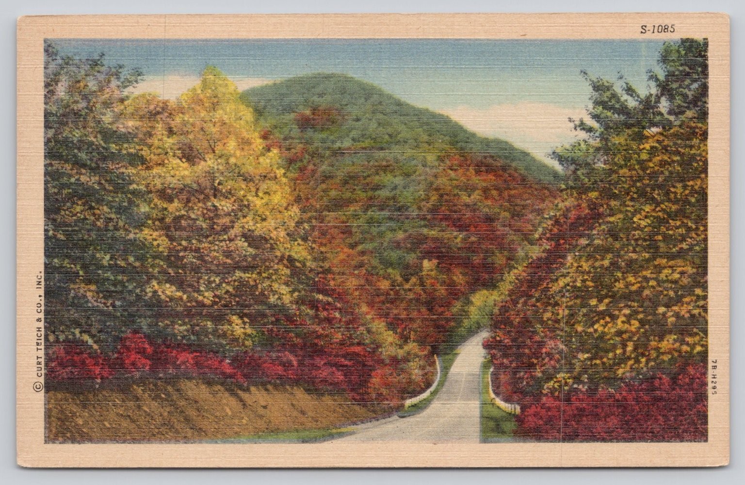 Vintage Linen Postcard Autumn Mountain Road Scenic View S-1085 Curt Teich 1947