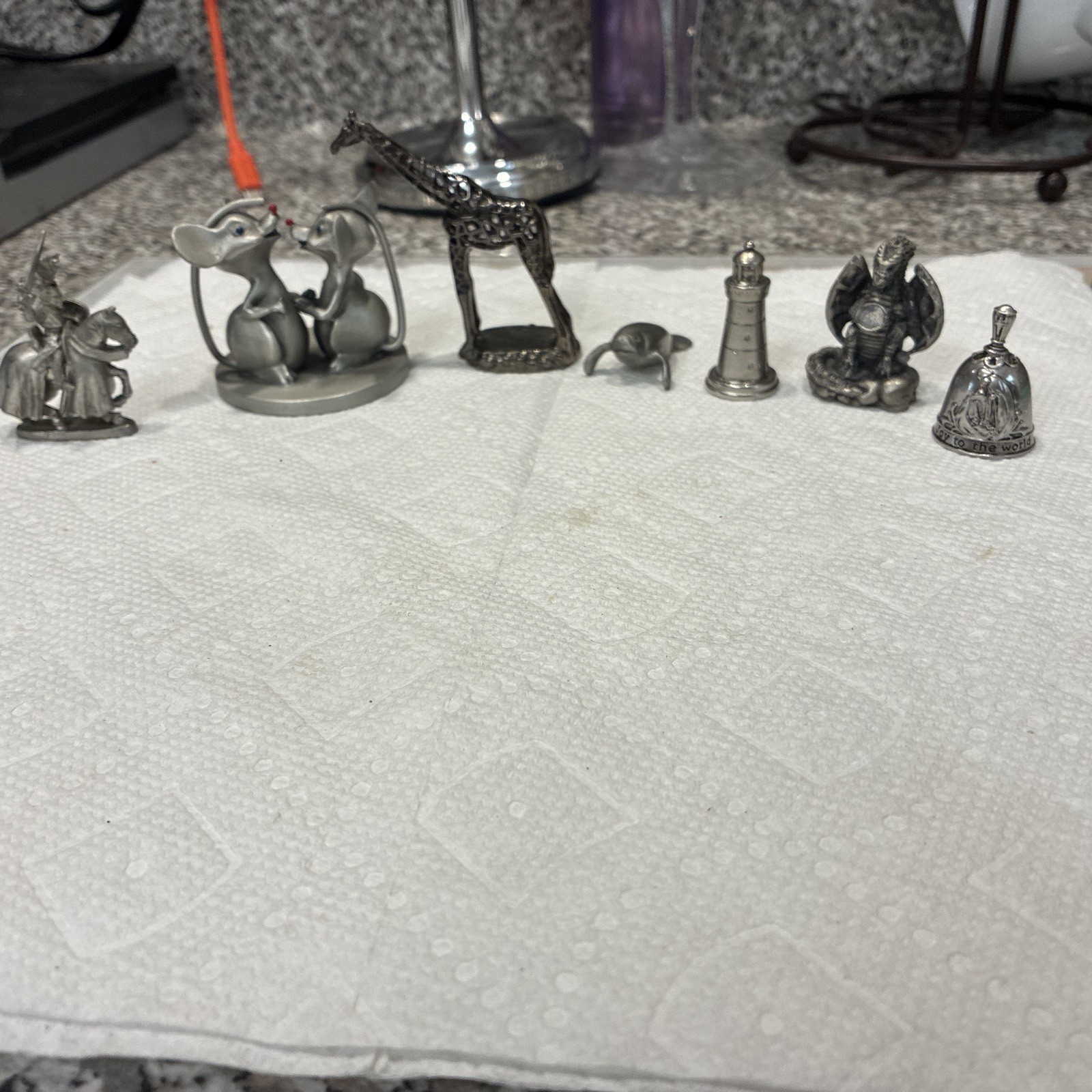 7 Vintage Pewter Die Cast Miniatures Figurines Animals , lighthouse , Bell + 7 Vintage Pewter Die Cast Miniatures Figurines Animals , lighthouse , Bell +