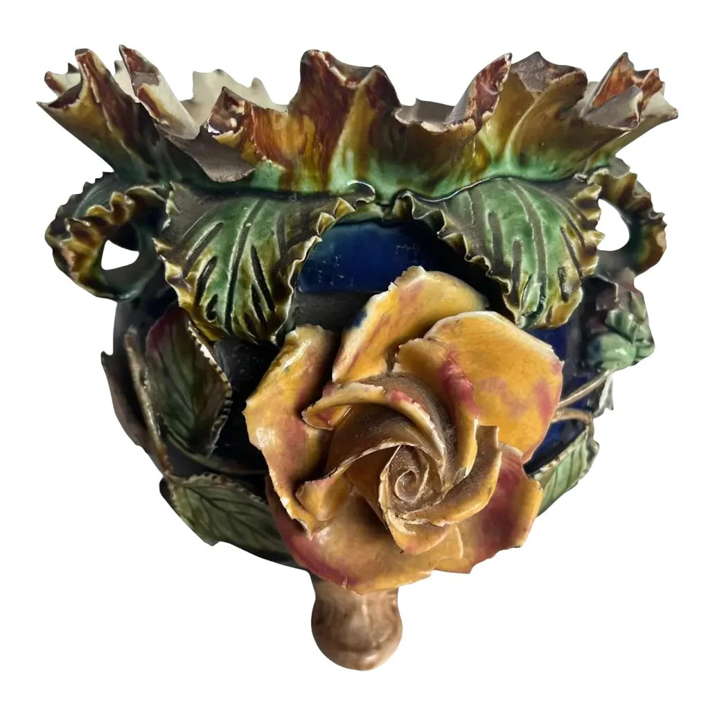 Antique Barbotine Majolica Rose Cachepot