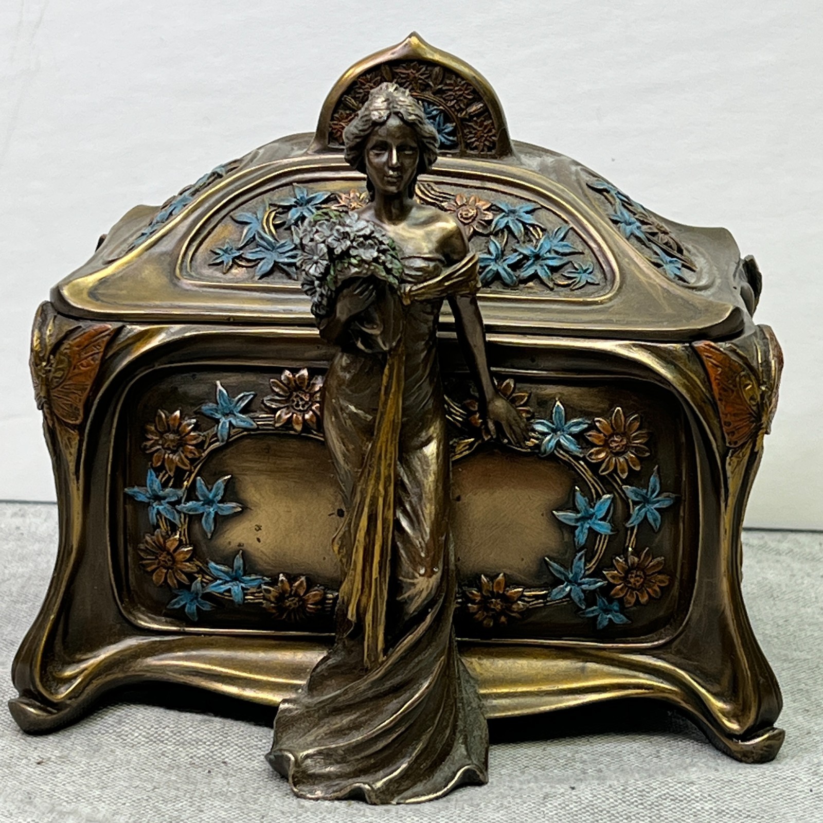 Art Nouveau Style Woman w/ Bouquet Floral Bronze Trinket/Jewelry Box Signed RARE