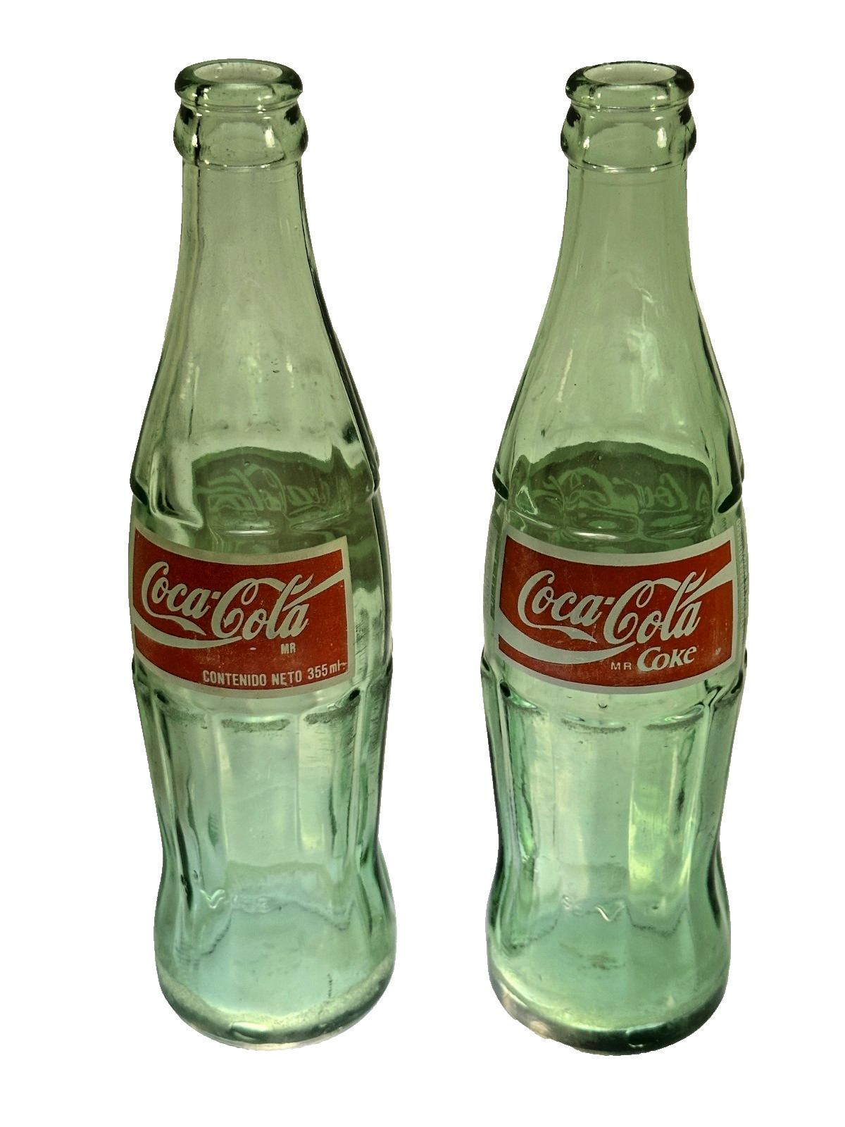 2 Vintage Coca Cola Mexico 355ml Green Glass Bottles Hecho En Mexico Coke Lot