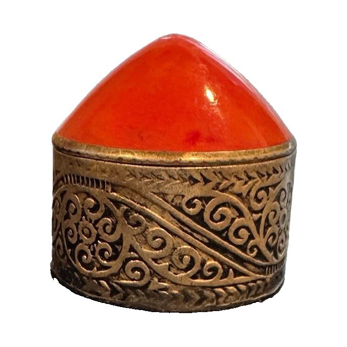 Vintage Red Domed Lid Metal Trinket Box Embossed Scroll Base Small 2 in Unique